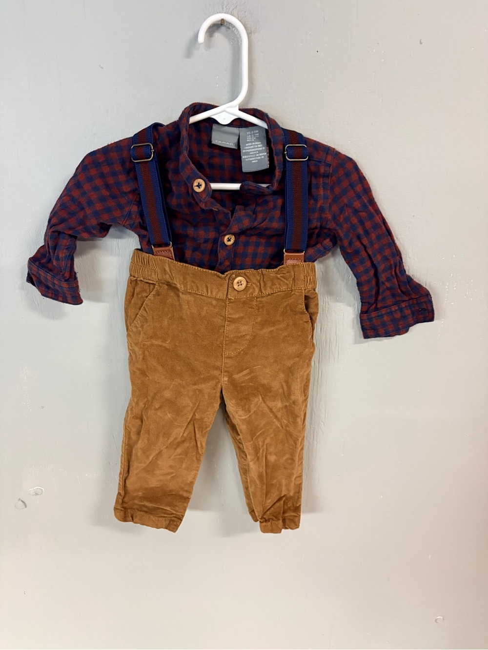 Kids Corduroy Pants with Adjustable Suspenders - Brown with flannel shirt